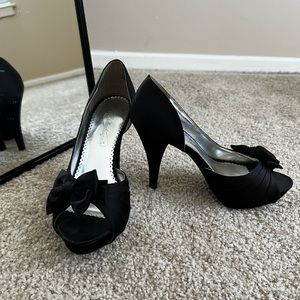 Satin black peep toe heels